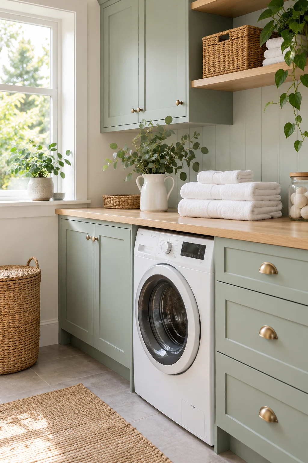 A bright sage-green laundry room with neatly folded white towels and natural oak shelves