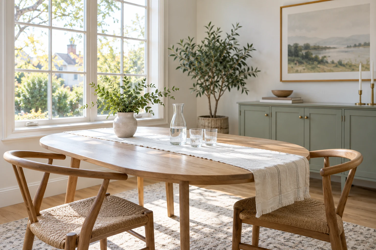 A sunlit dining nook with a freshly arranged oak table and sage sideboard
