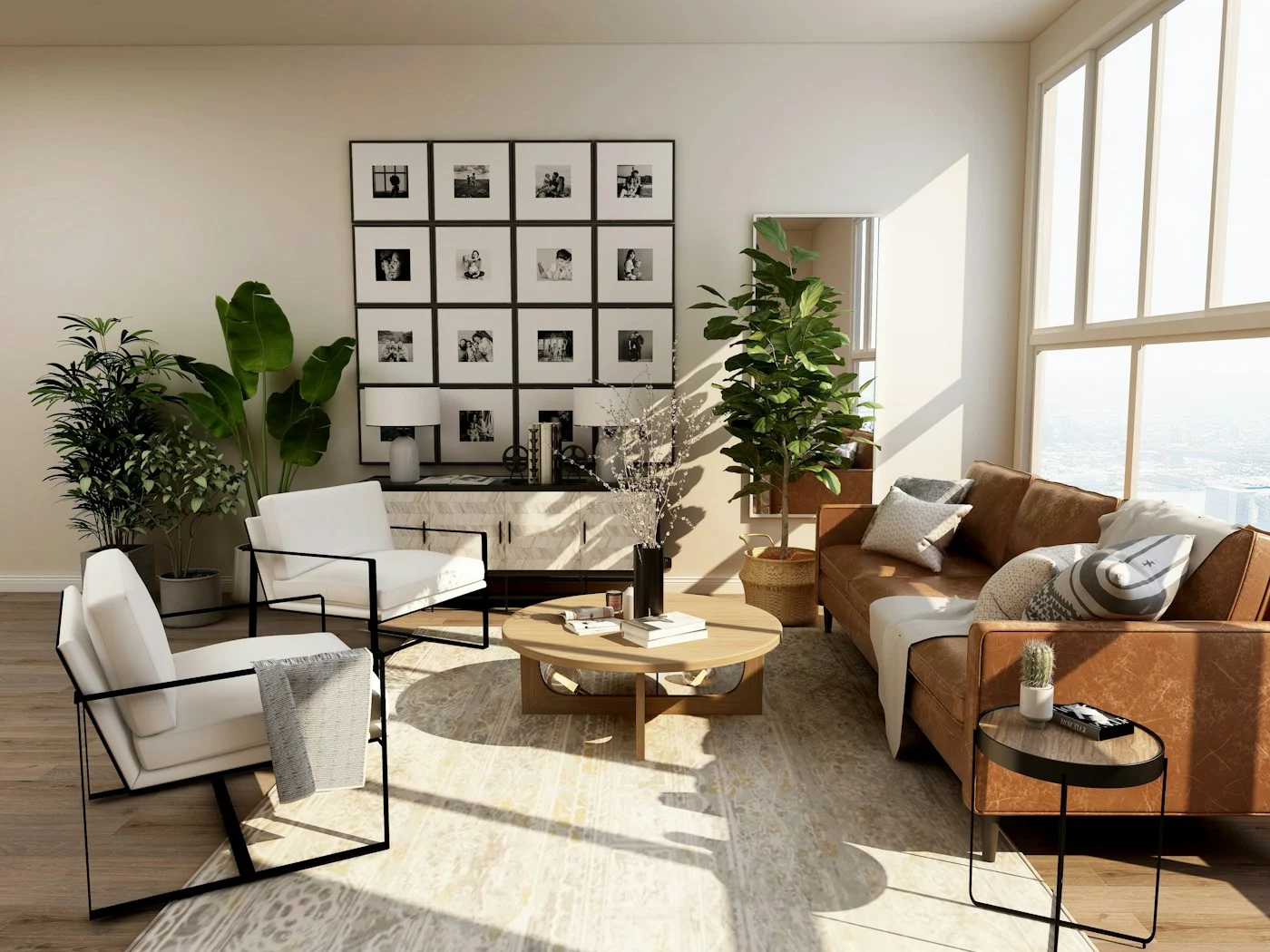 A bright living room with a neatly arranged sofa and indoor plants