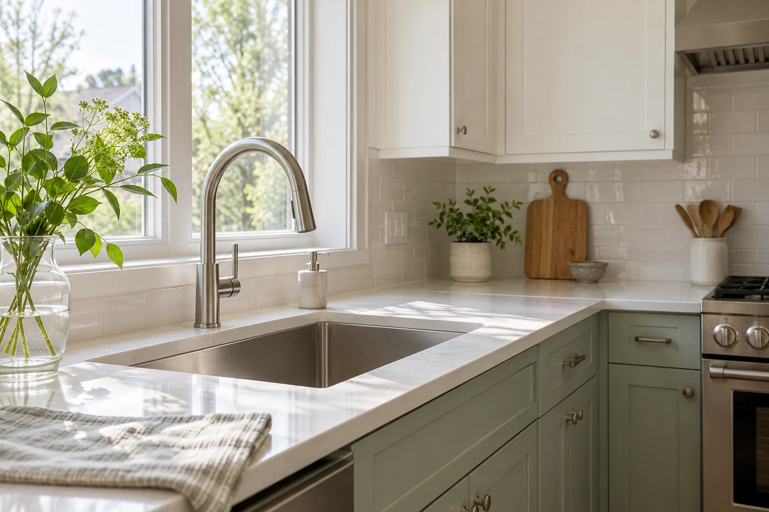 A clean quartz worktop, polished steel sink and sage kitchen cabinets