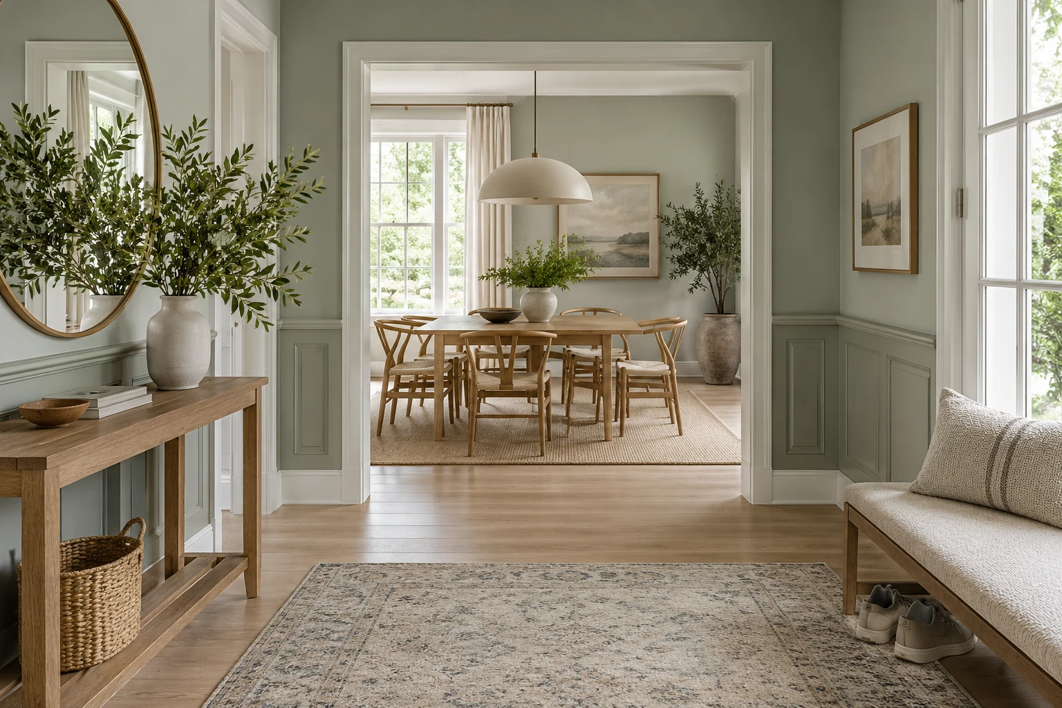 A welcoming home entryway with sage panelling and a pale oak console