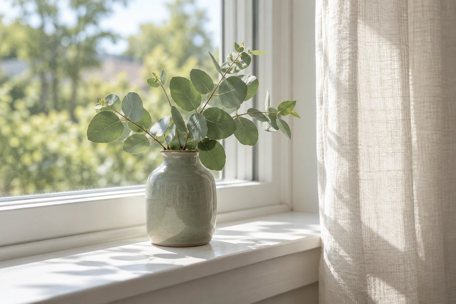 Fresh eucalyptus on a sunlit window sill beside a linen curtain
